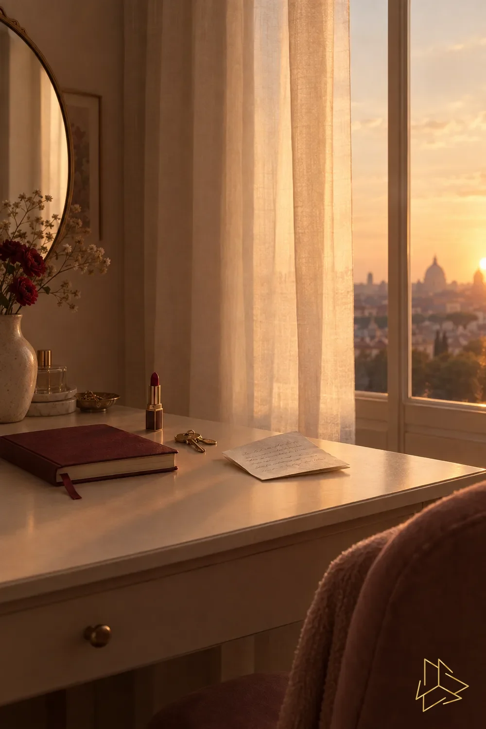 A quiet vanity desk at golden hour with a journal, red lipstick, keys and a handwritten note